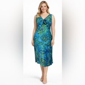 Prophecy Midi Dress 18 Blue Purple Green Bow V Neck Sleeveless Washable